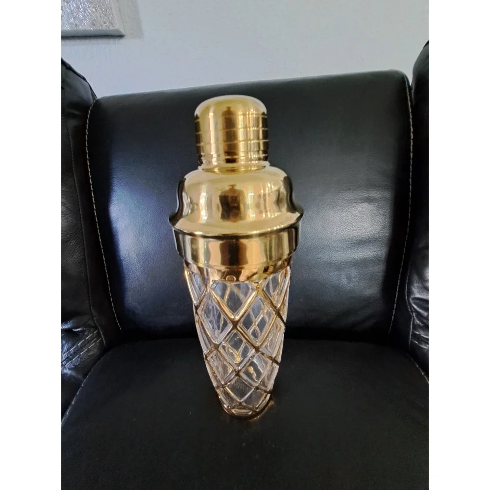 Vintage Glass 18K‎ Gold Joseph Altuzarre Gold Lattice Martini Shaker